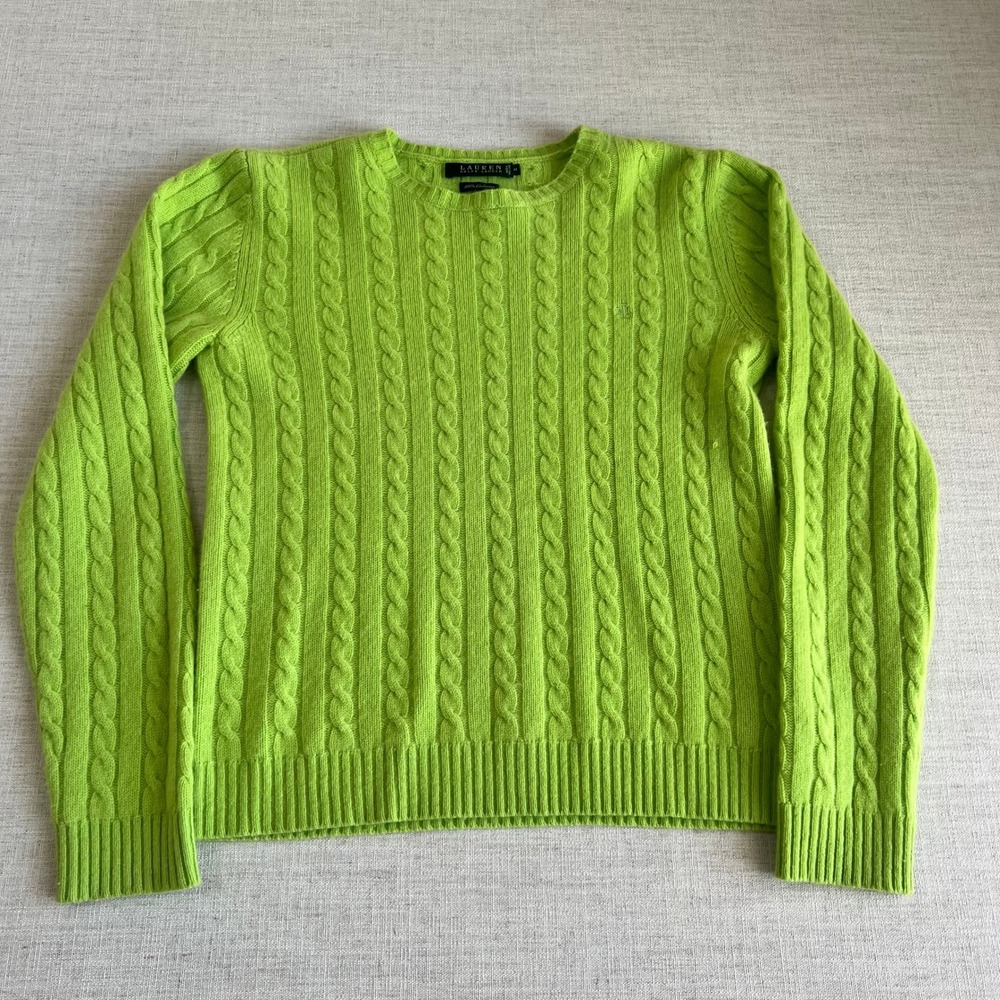 READ Lauren Ralph Lauren Cable-Knit Sweater Medium Neon Green With Logo Preppy